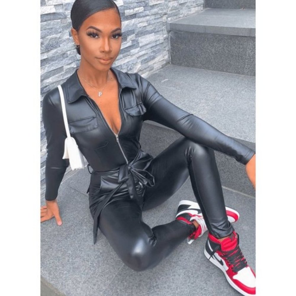 Black Vegan Leather Faux Leather Long Sleeve Belted Bodycon Jumpsuit Playsuit - Picture 2 of 13